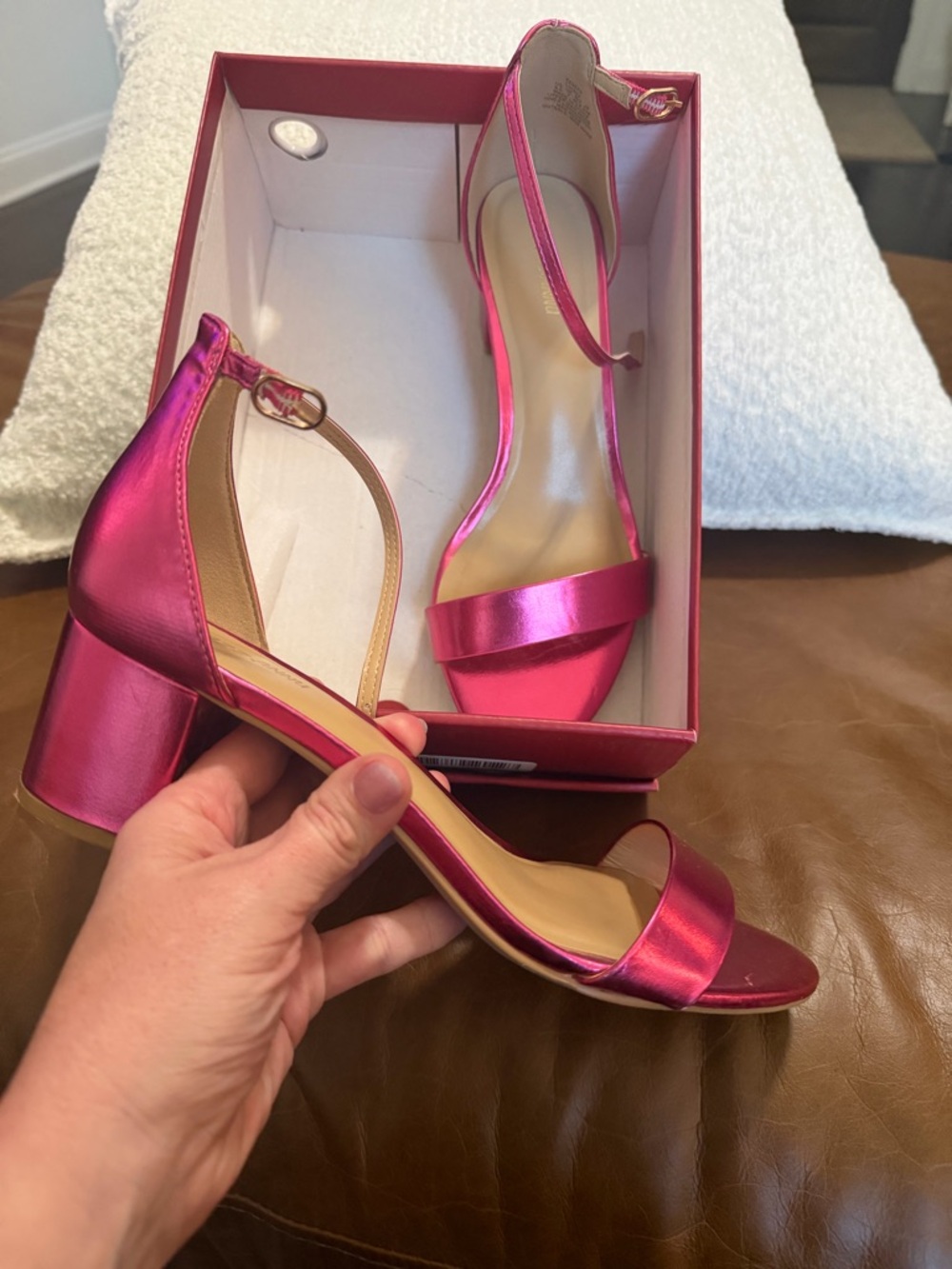Metallic Hot Pink Block Heel Ankle-Strap Sandals - Women's